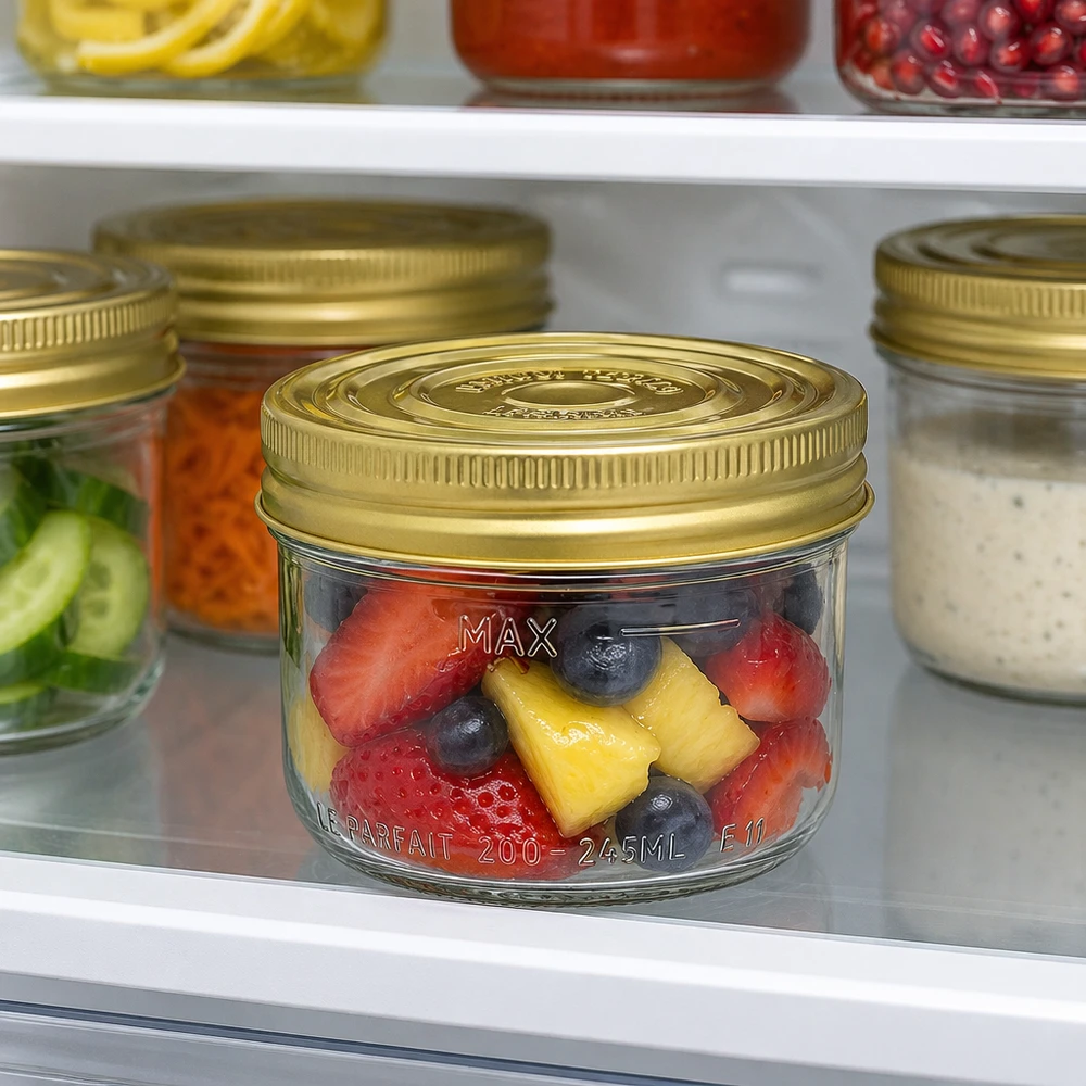 Le Parfait® Familia Wiss 200 g Ø82 mm bocal 245ml Verre renversé Familia Wiss avec couvercle doré rempli de fruits debout dans le réfrigérateur