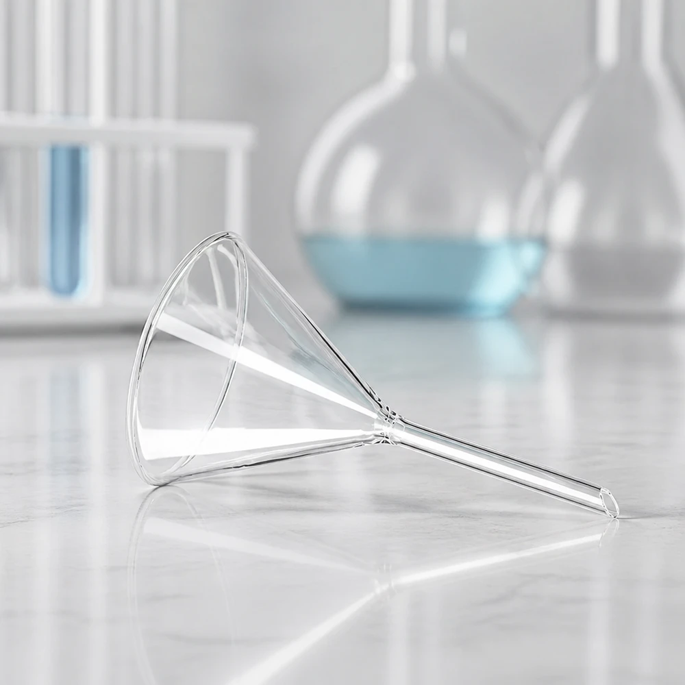 Entonnoir Ø 100mm - verre sodocalcique - angle 60° Entonnoir en verre à base de chaux et de soude, avec un angle aigu de 60 degrés et un diamètre de 10 cm, pour une filtration efficace