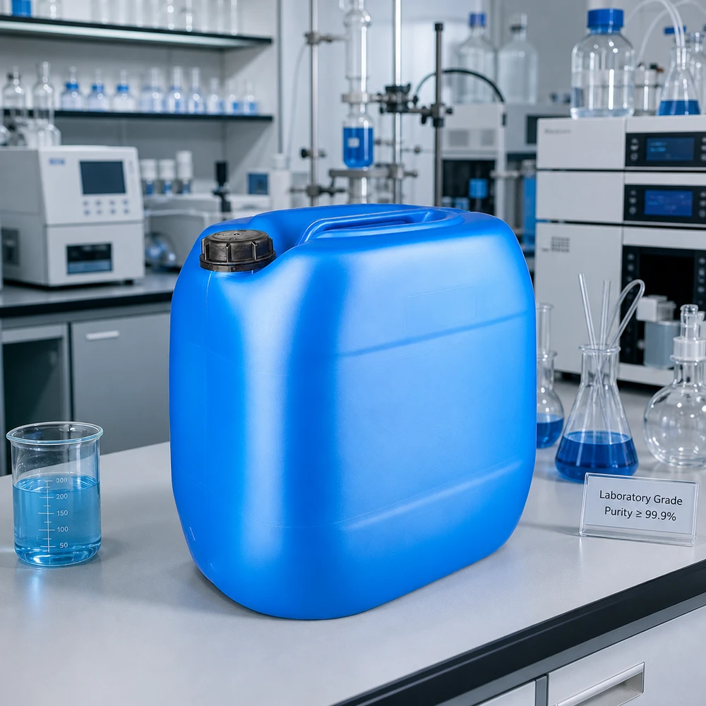 Bidon 30 litres bleu avec bouchon à vis OV Grand récipient bleu de 30 litres destiné à contenir des liquides, muni d'une poignée de transport et d'un bouchon à vis, utilisé en laboratoire