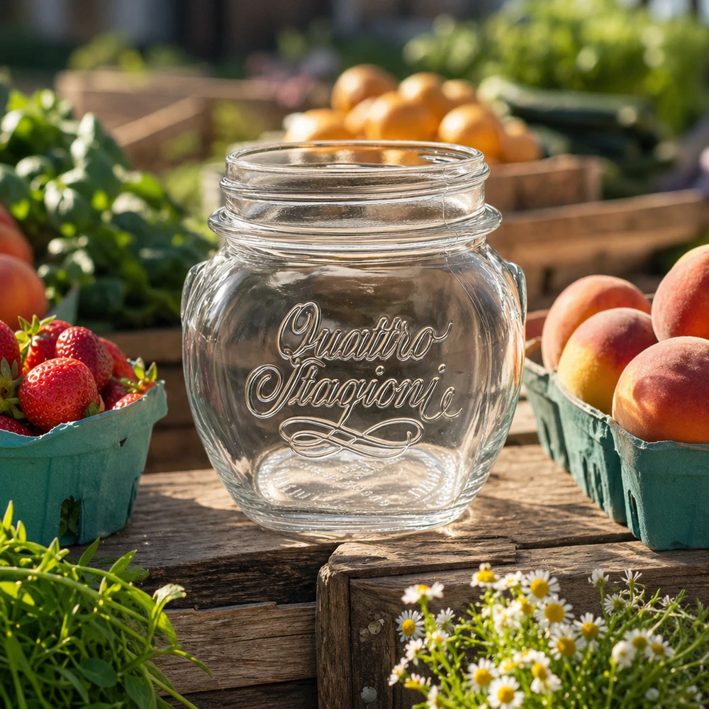 300ml Quattro Stagioni Verre de ménage vide sur table en bois avec fraises et pêches fraîches dans une cuisine rustique