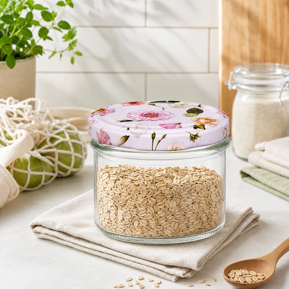 Pot en verre de 225 ml + couvercle BasicSeal rose UN... Haferflocken in 225ml Sturzglas mit rosa Blumendeckel - praktische Küchendeko für Müsli und Getreide Aufbewahrung