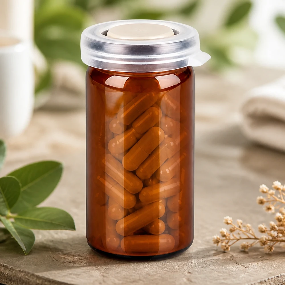 Flacon compact en verre ambré de 10 ml avec bouchon à sécurité enfant, destiné au stockage des gélules