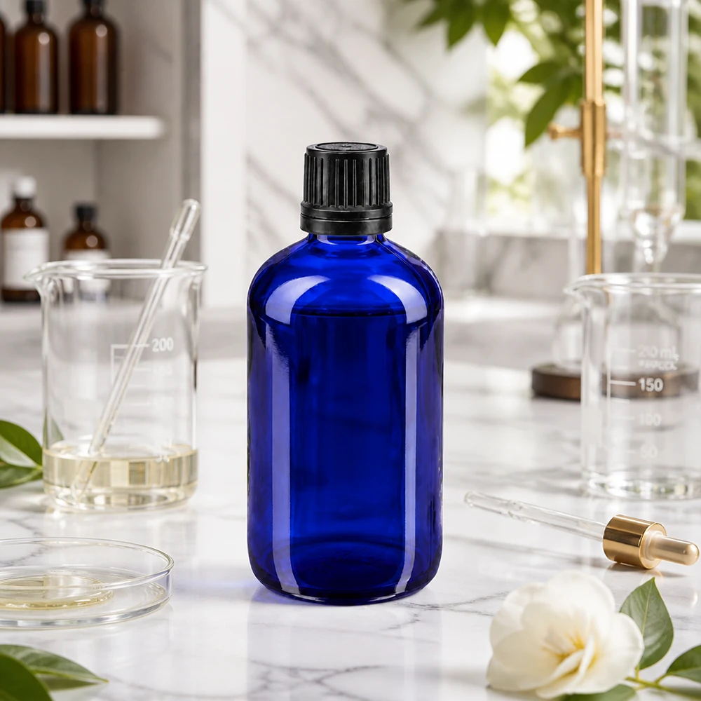Flacon Global bleu cobalt de 100 ml, référence GR OV, avec bouchon noir, entre des béchers et une fleur blanche
