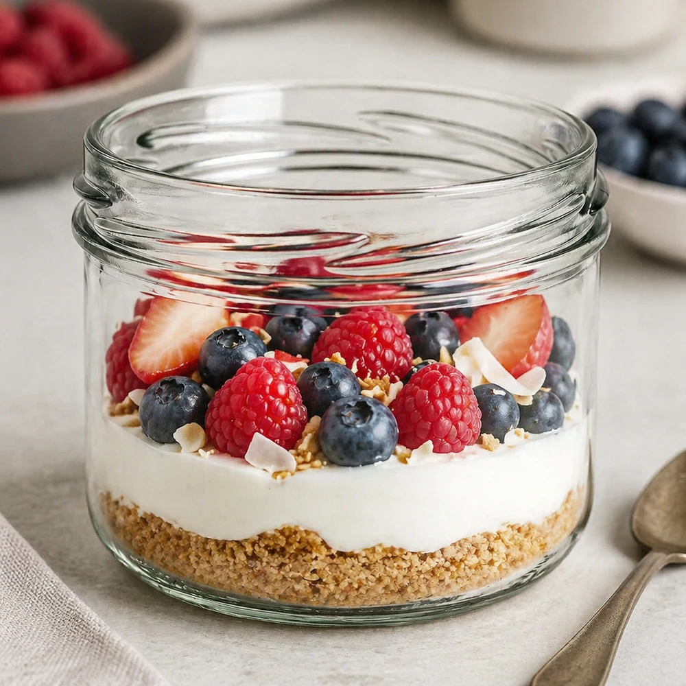 260ml Verre conique sans couvercle (TO82) UNiTWIST UNiTWIST Sturz260 Verre rond 260ml TO82 rempli de yaourt Baies Muesli comme dessert dans un verre Image du produit