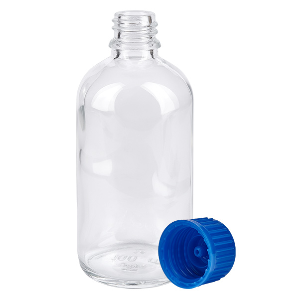 Flacon de 100ml 11mm SV bleu STD ClearLine UT18/100 ClearLine UT18 : flacon en verre transparent de 100 ml avec bouchon de sécurité enfant bleu de 11 mm SV