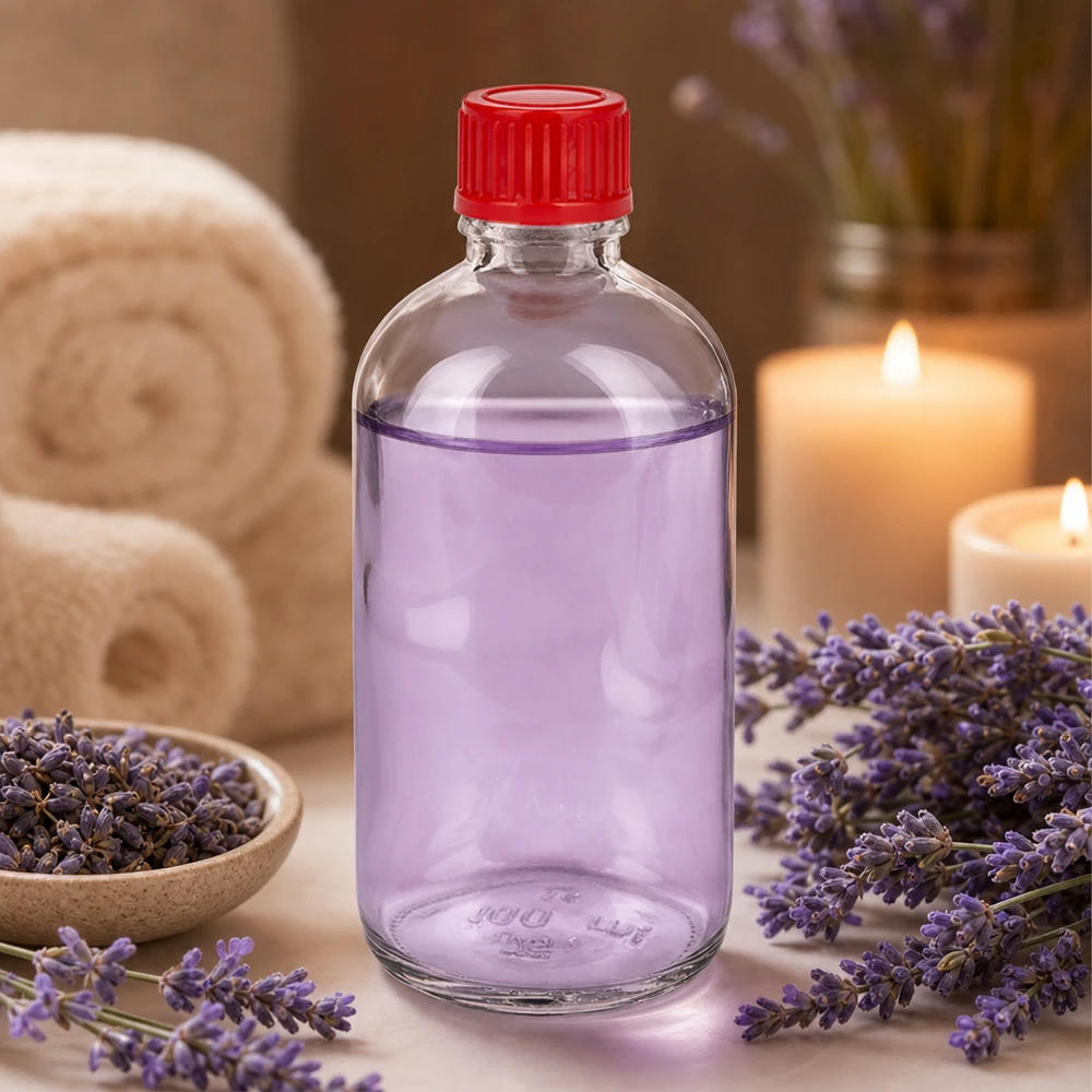 Flacon 100ml 11mm SV rouge STD ClearLine UT18/100 100ml Glasflasche UT18/100 roter Kunststoffverschluss 11mm SV gefüllt mit lila ätherischem Öl Lavendel