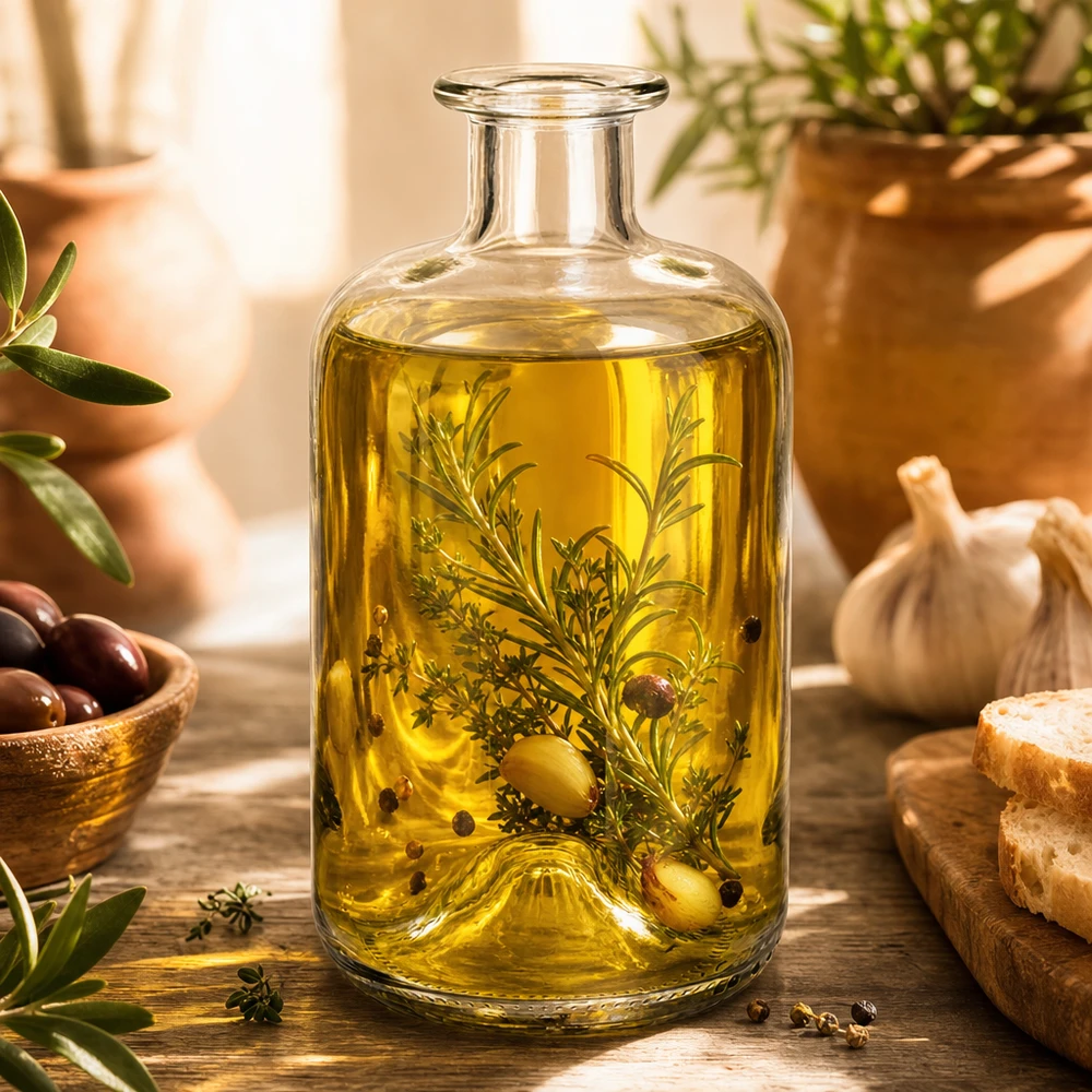 Bouteille en verre Luna 500ml remplie d'huile d'olive et d'herbes aromatiques comme exemple d'utilisation pour la cuisine et la décoration