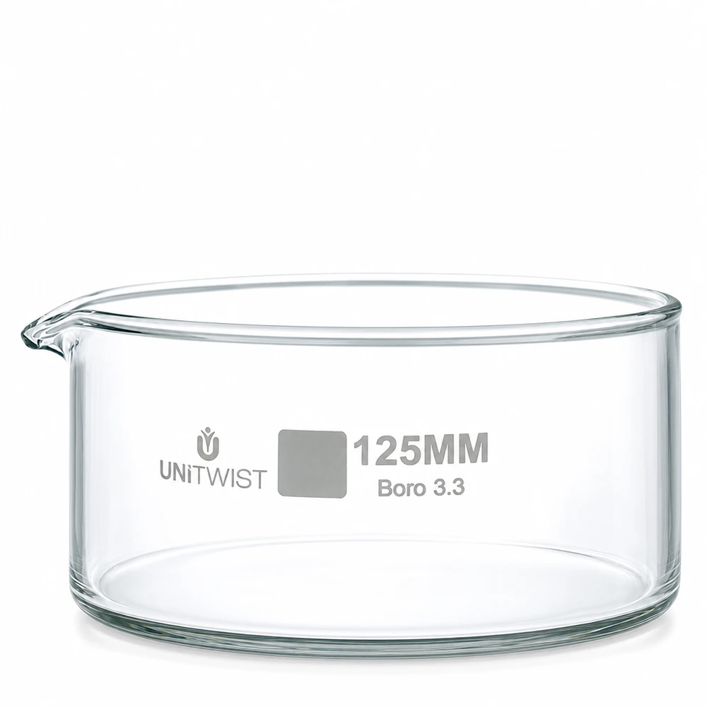 Cristallisoir ø125mm verre borosilicaté UNiTWIST Coupelle en verre transparent Boro 3.3 UNiTWIST, diamètre 125 mm, pour laboratoire et cristallisation