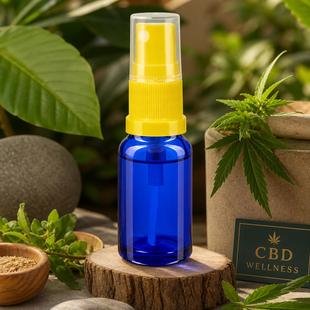 Flacon pulvérisateur STD de 30 ml en verre bleu avec bouchon de protection transparent sur un disque en bois « CBD Wellness »