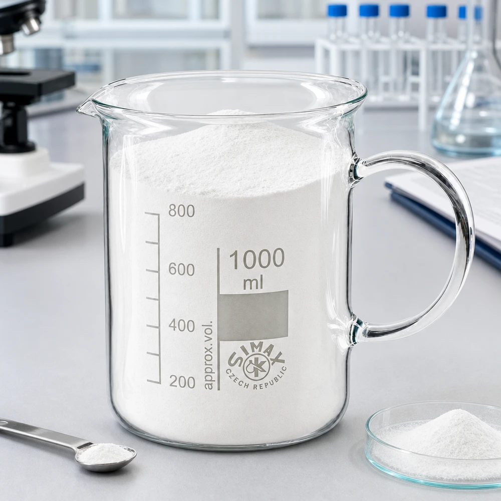 Bécher avec poignée 1000ml en verre borosilicate résistant à la chaleur (forme normale) Bécher en verre borosilicaté de 1 000 ml avec anse, rempli à ras bord d'une substance blanche