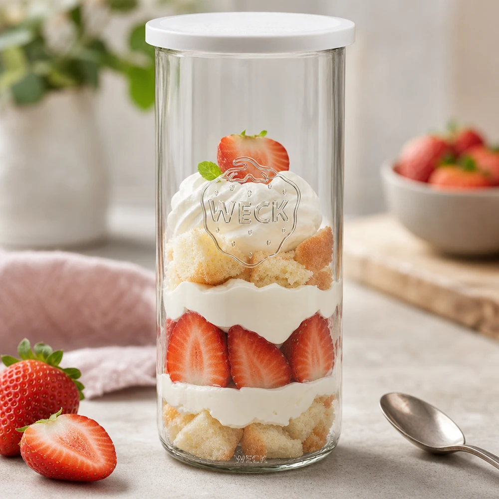 1500ml bocal conique avec couvercle fraîcheur WECK RR100 WECK Verre renversé 1500ml RR100 rempli de dessert à la fraise montre une utilisation polyvalente comme assiette à dessert avec cuillère