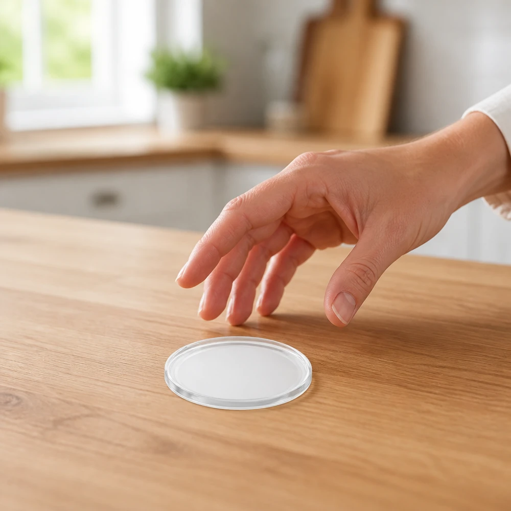 Couvercle BasicSeal blanc de 82 mm, modèle TO82 UNiTWIST, style minimaliste sur une table en bois dans une cuisine moderne