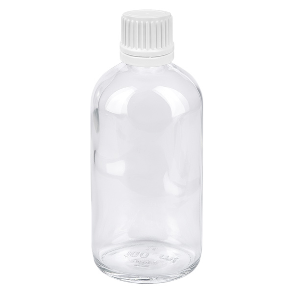 100ml flacon compte-gouttes 0.7mm blanc OV ClearLine UT18/100 Flacon en verre transparent de 100 ml avec bouchon d'inviolabilité blanc, destiné aux gouttes et aux produits pharmaceutiques
