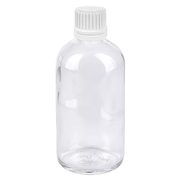 100ml flacon compte-gouttes 0.7mm blanc OV ClearLine UT18/100 Flacon en verre transparent de 100 ml avec bouchon d'inviolabilité blanc, destiné aux gouttes et aux produits pharmaceutiques