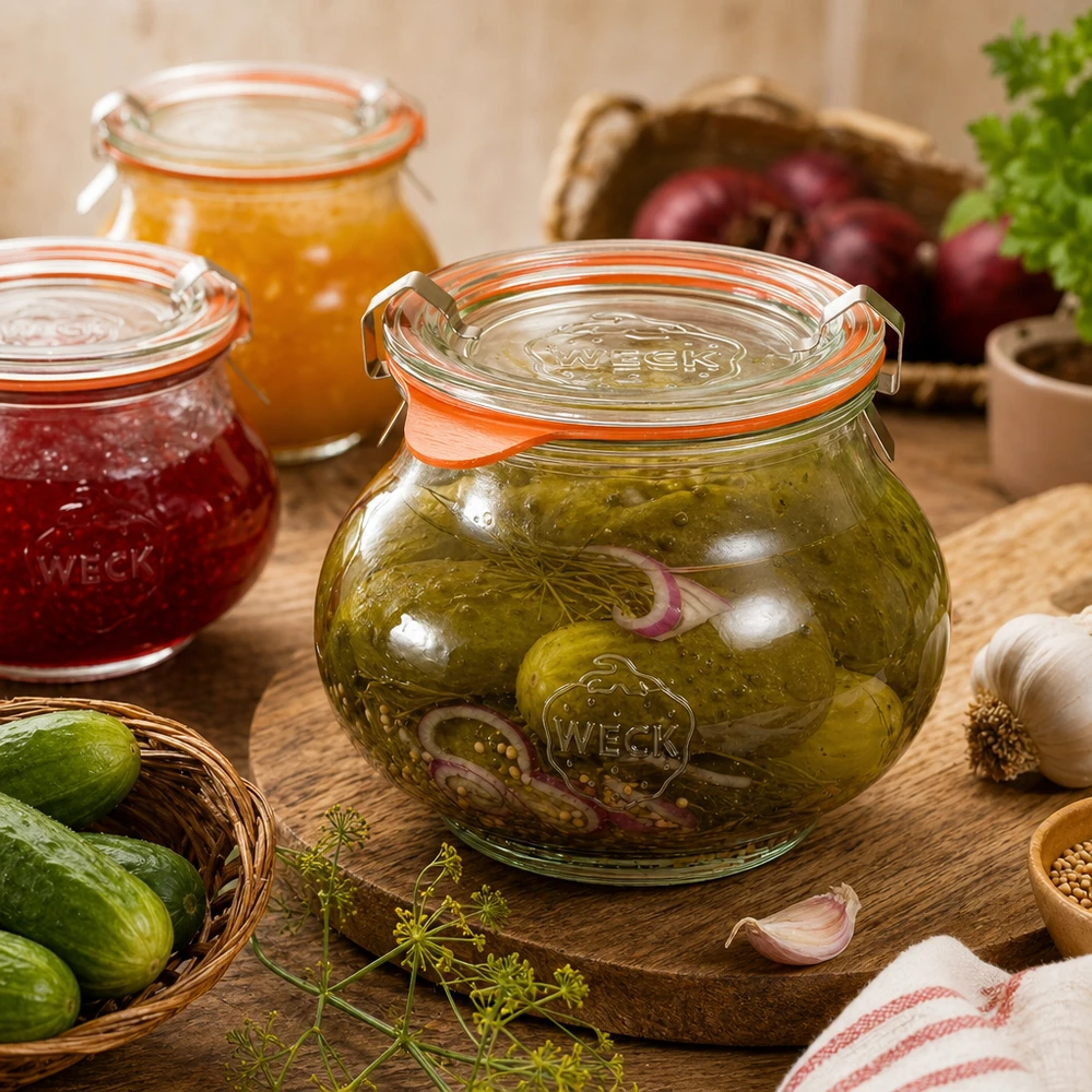 WECK 220ml bocal à bijoux RR60 lors de la mise en conserve de cornichons et de légumes, utilisation comme bocal à conserves dans la cuisine