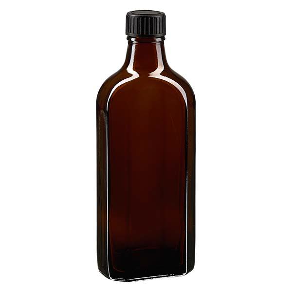 Flasque brune de 200 ml au goulot DIN 22, avec bouchon à vis DIN 22 noir au joint LKD Flasque brune de 200 ml au goulot DIN 22, avec bouchon à vis DIN 22 noir au joint LKD