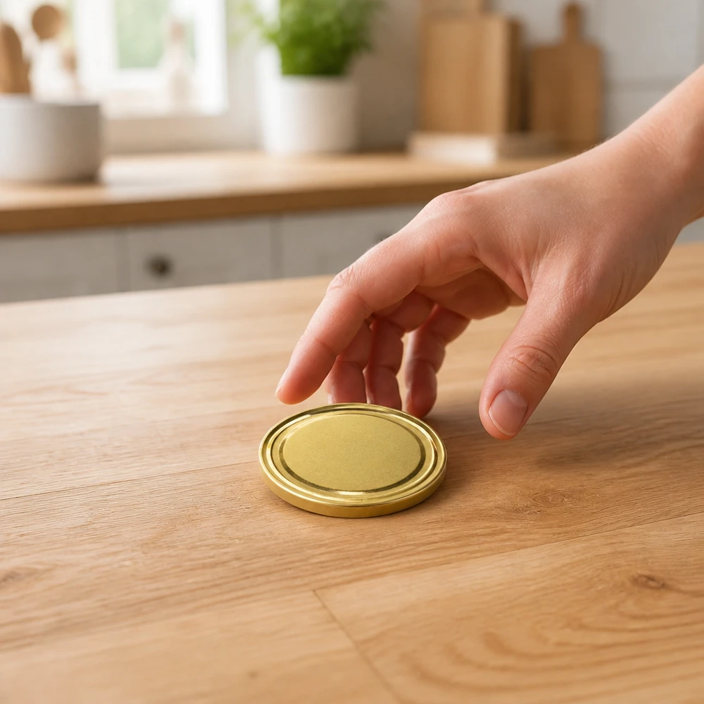 Vue de dessus du bouchon à vis doré TO43, support en bois UNiTWIST BioSeal BPA-NI unitemp