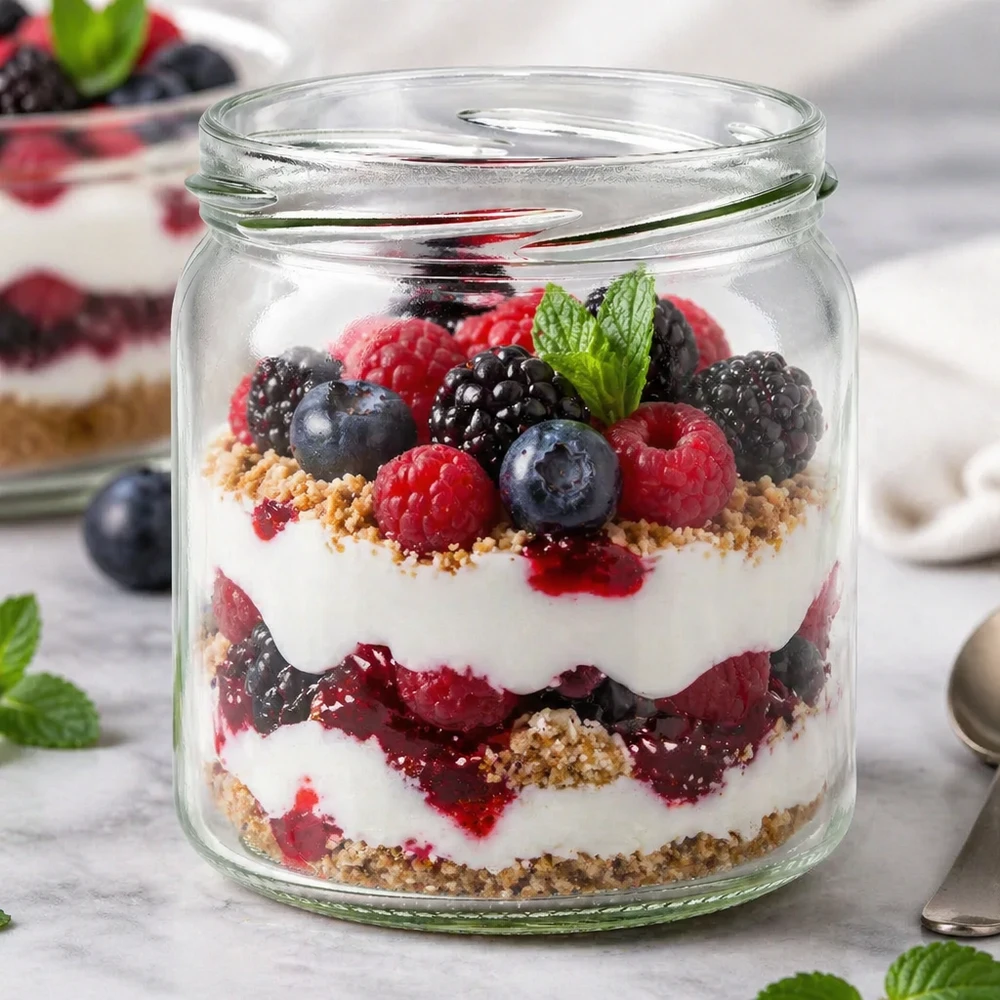408ml Verre rond sans couvercle (TO82) UNiTWIST UNiTWIST Runda408 Verre rond 408ml comme verre à dessert avec des couches de yaourt aux baies montre une utilisation polyvalente