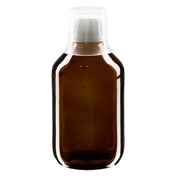 Flacon médical norme européenne de 250 ml, avec bouchon à vis blanc et gobelet doseur de 30 ml Flacon médical norme européenne de 250 ml, avec bouchon à vis blanc et gobelet doseur de 30 ml