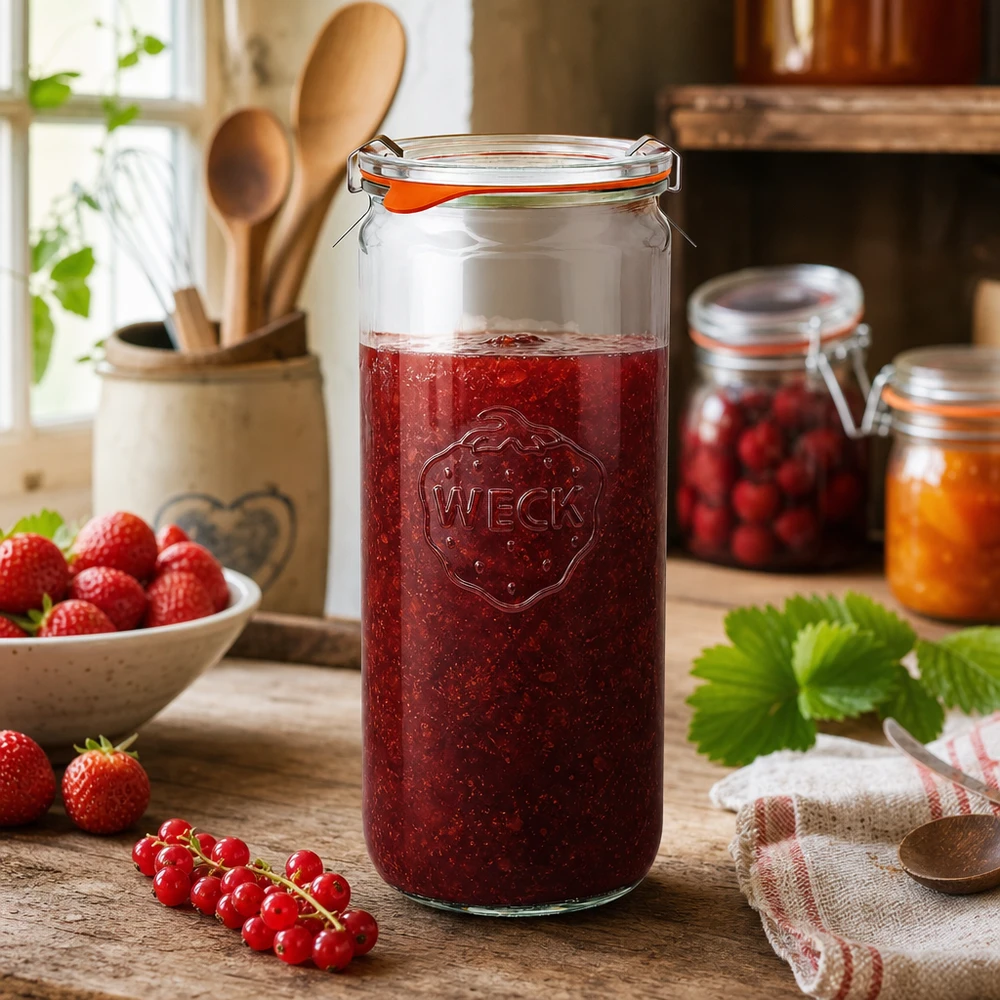 WECK Pot cylindrique 1040ml RR80 avec confiture de fraises faite maison dans une cuisine rustique avec des fruits frais
