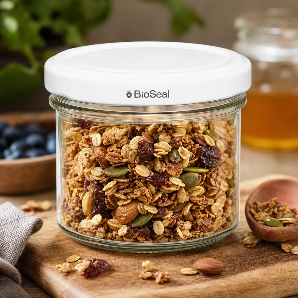 125ml Verre conique avec couvercle BioSeal blanc UNiTWIST UNiTWIST Verre renversé 125ml Céréales Noix Fruits secs Bocal TO66 BioSeal Couvercle blanc Planche en bois Cuisine