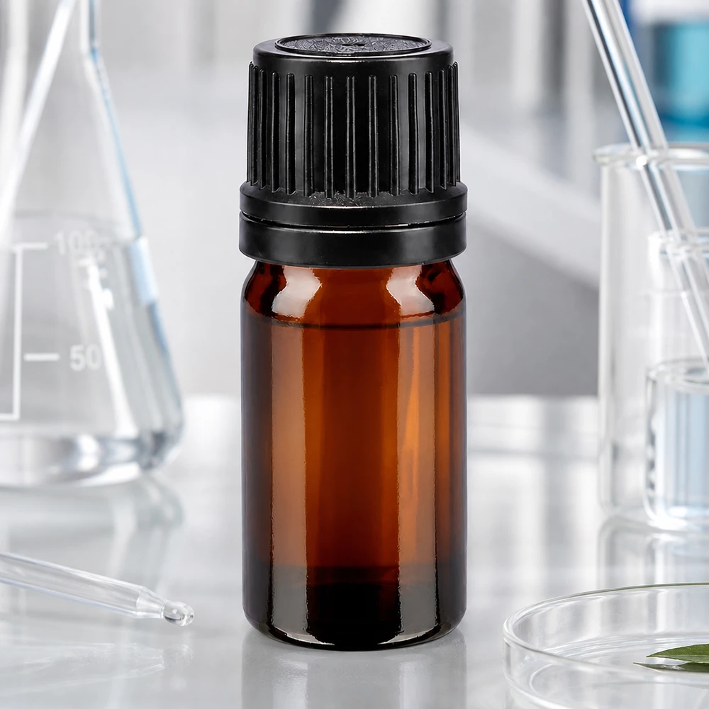 Flacon de pharmacie brun 5ml bouchon vissable noir bague de coulée bouchon d'inviolabilité Flacon opacifiante de 5 ml en verre brun avec bouchon OV nervuré noir de 8 mm