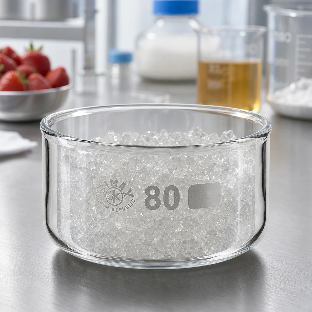 Coupelle de cristallisation 150 ml sans bec verseur Petit bol cylindrique en verre de 80 mm de diamètre, rempli de gel de silice, à côté d'appareils de laboratoire et de fraises