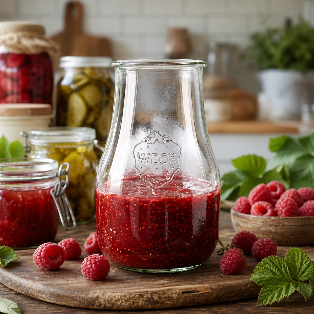 WECK Pot tulipe 2700ml rempli de confiture de framboises sur une planche en bois à côté de baies fraîches dans une cuisine rustique