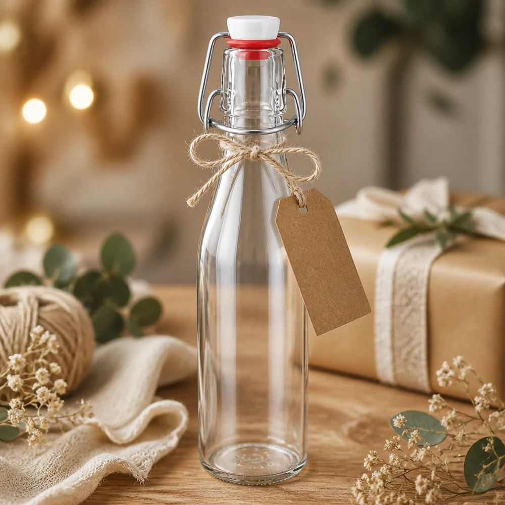 Bouteille en verre 250ml avec bouchon à étrier, décorée comme cadeau, pendentif en papier kraft et corde de jute, présentation festive.