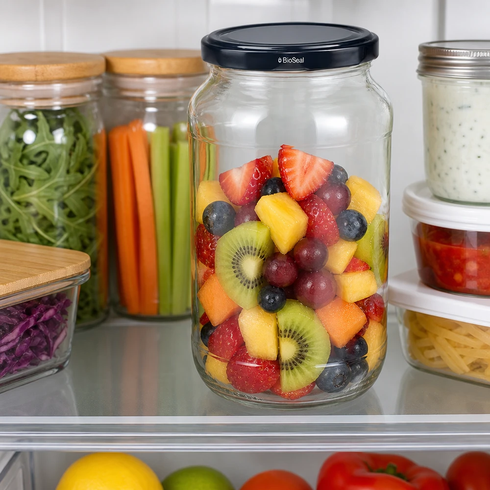 1062ml Verre rond avec couvercle BioSeal noir UNiTWIST UNiTWIST Verre rond 1062 avec couvercle noir TO82 BioSeal rempli de salade de fruits au réfrigérateur Conservation de la fraîcheur