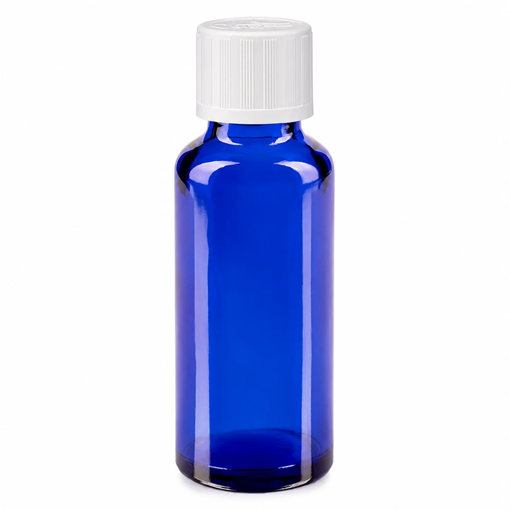 Flacon à pharmacie bleu 30ml bouchon vissable blanc sécurité enfant Flacon en verre bleu de 30 ml avec bouchon à vis blanc et sécurité enfant standard