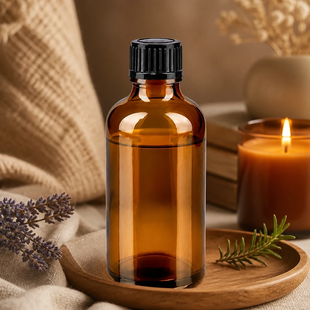 Flacon de pharmacie de 50 ml, en verre brun avec protection UV, bouchon à vis noir de 11 mm pour huiles