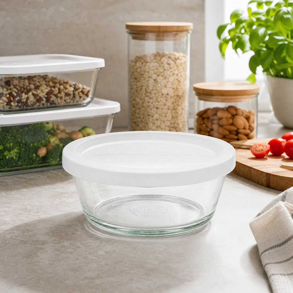 300ml bocal gourmet avec couvercle fraîcheur WECK RR120 WECK RR120 Verre à gourmet 300ml vide sur le plan de travail de la cuisine parmi d'autres récipients de conservation Enregistrement Lifestyle
