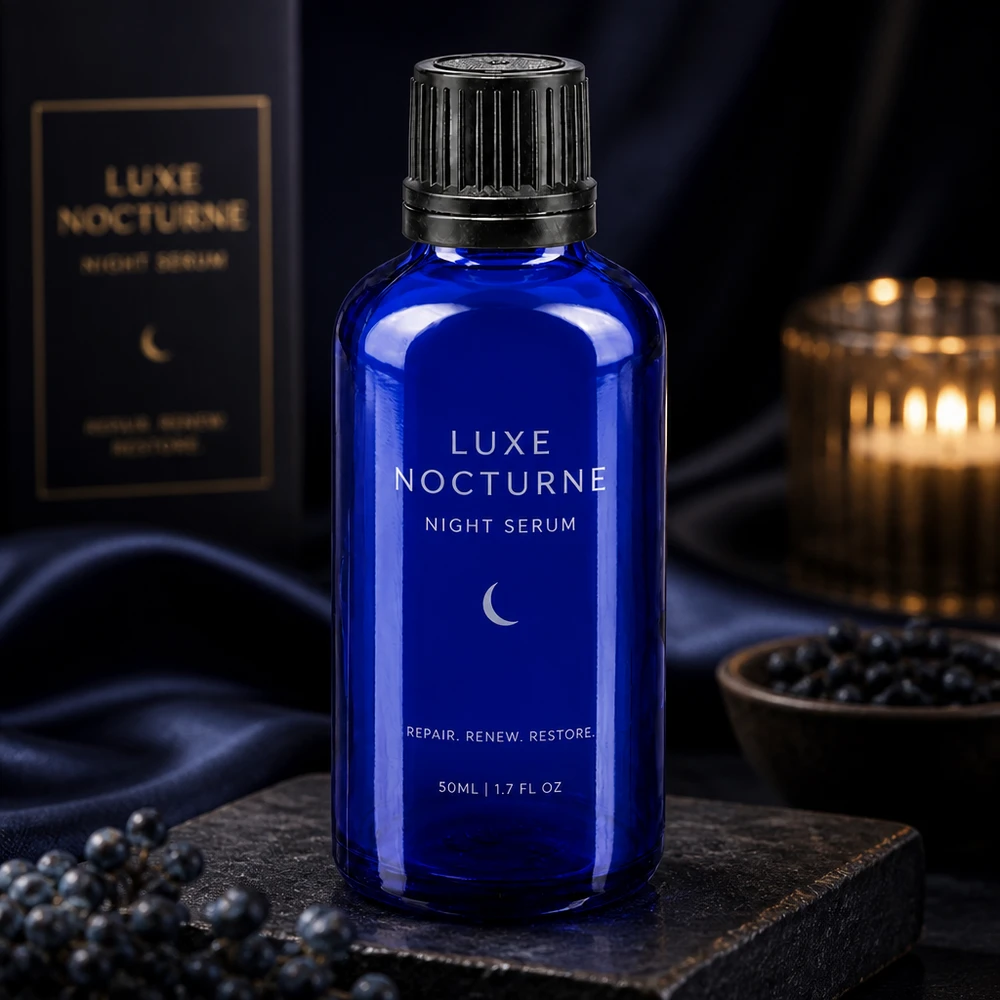 Flacon compte-gouttes bleu cobalt de 1 mm, 50 ml, ApoGlas avec OV, posé sur une pierre d'ardoise et des baies, à la lueur d'une bougie