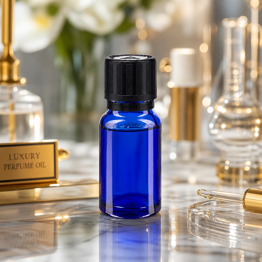 Flacon de pharmacie bleu de 10 ml muni d'un compte-gouttes de 1 mm, à côté de fioles de laboratoire dorées et d'une pipette