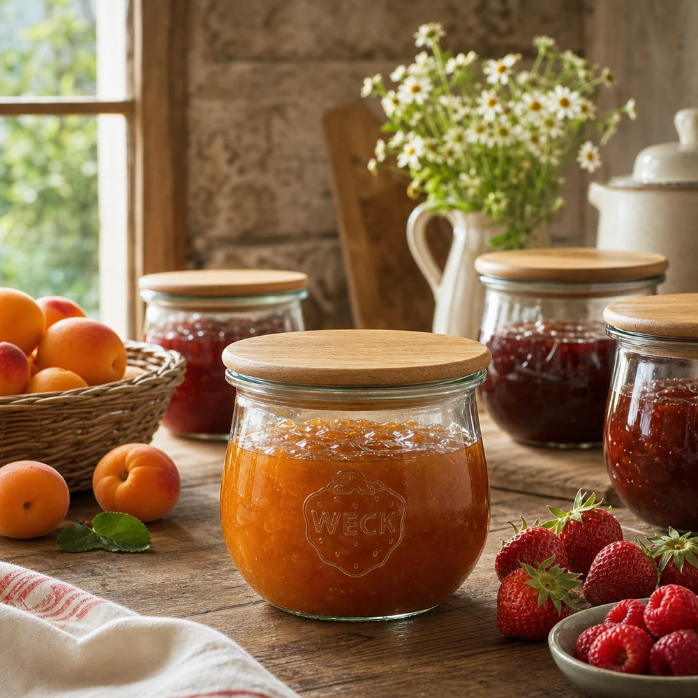 370ml bocal tulipe WECK RR80 avec couvercle en bois WECK Pot tulipe 370ml RR80 rempli de confiture d'abricots à côté de fruits frais dans une cuisine rustique