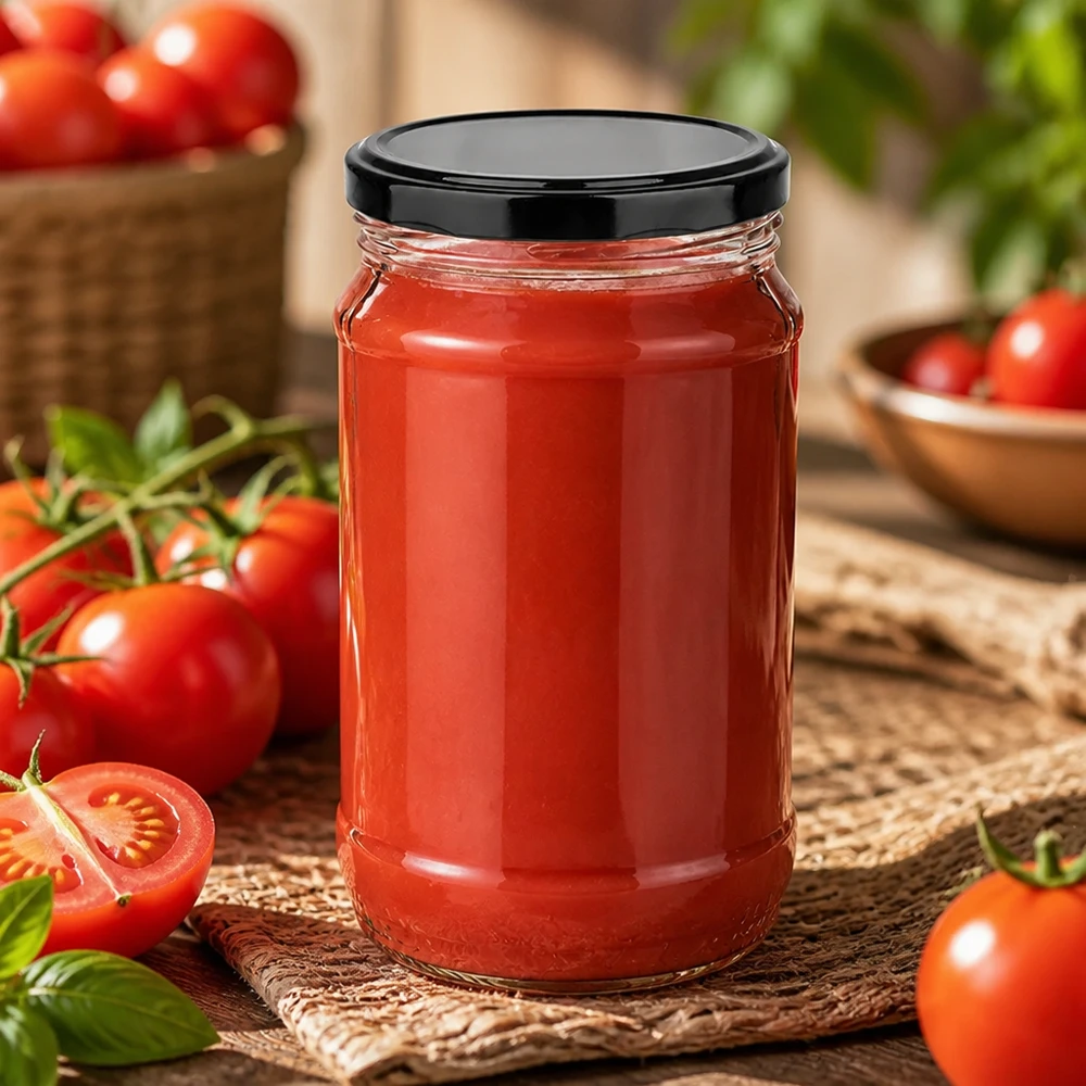 Bocal en verre rond UNiTWIST de 370 ml avec couvercle BasicSeal noir, idéal pour la mise en conserve de sauce tomate et de passata