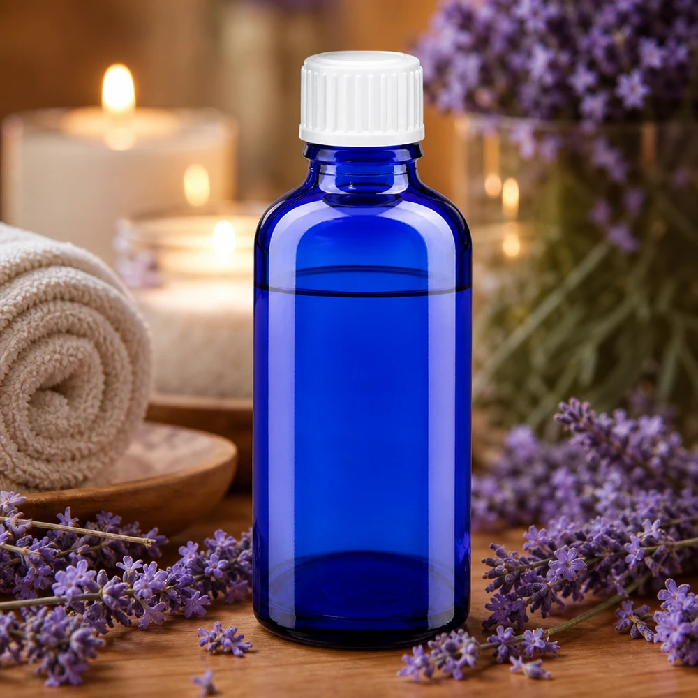 Flacon en verre d'apothicaire bleu de 50 ml avec bouchon standard, destiné aux huiles essentielles de lavande et à l'aromathérapie