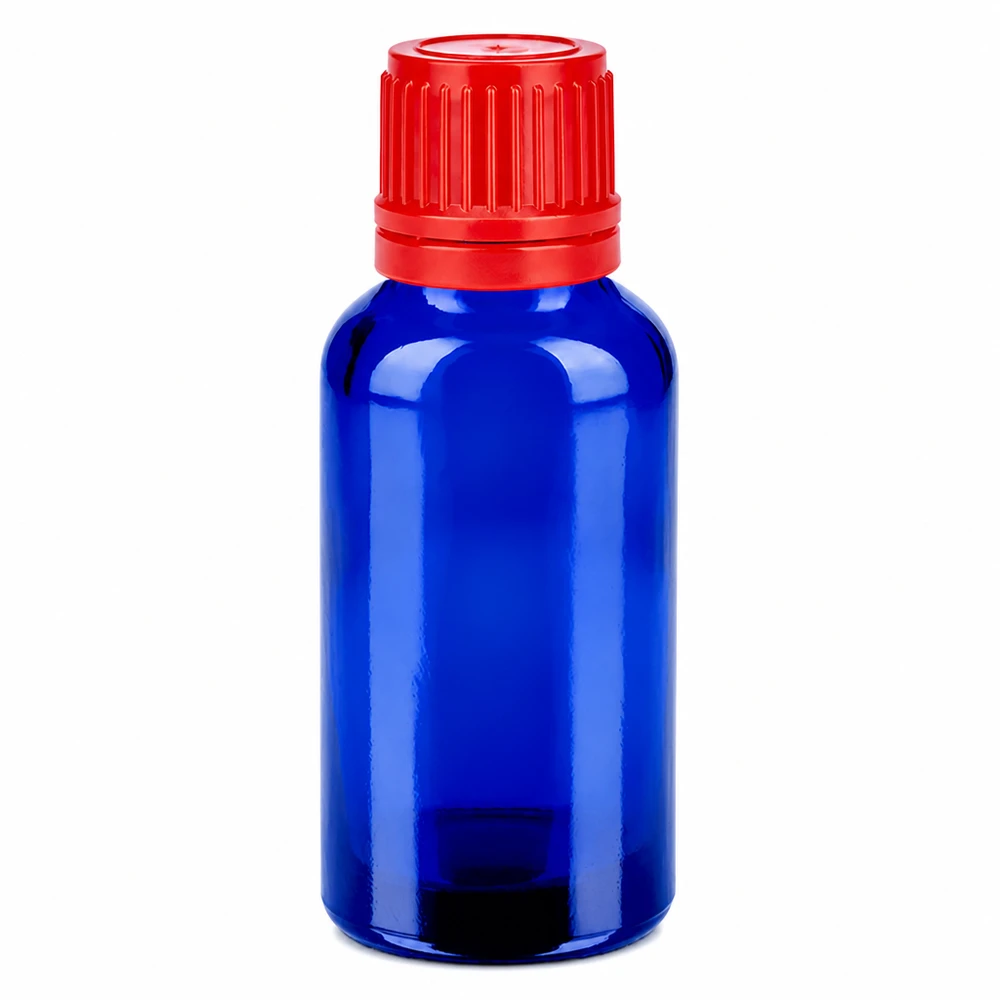 Flacon 30ml 11mm SV rouge OV BlueLine UT18/30 Flacon compact de 30 ml en verre bleu avec bouchon rouge pour un dosage précis des liquides