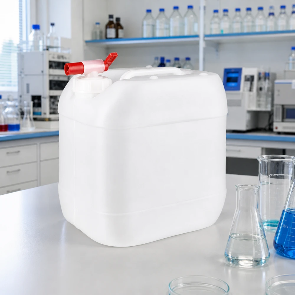 Bidon de 15 litres en plastique blanc, adapté au contact alimentaire, muni d'un robinet de vidange pour les liquides chimiques