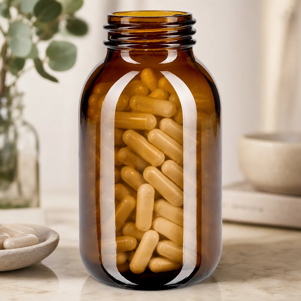 Bocal à col large en verre ambré 500 ml, goulot DIN 55, sans couvercle Bouteille spacieuse de 500 ml à large ouverture en verre brun robuste pour les compléments alimentaires et les gélules