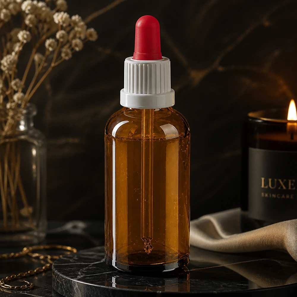 50ml flacon à pipette blanc/rouge OV BrownLine UT18/50 Flacon compte-gouttes de 50 ml de haute qualité en verre brun élégant avec pipette en silicone rouge précise