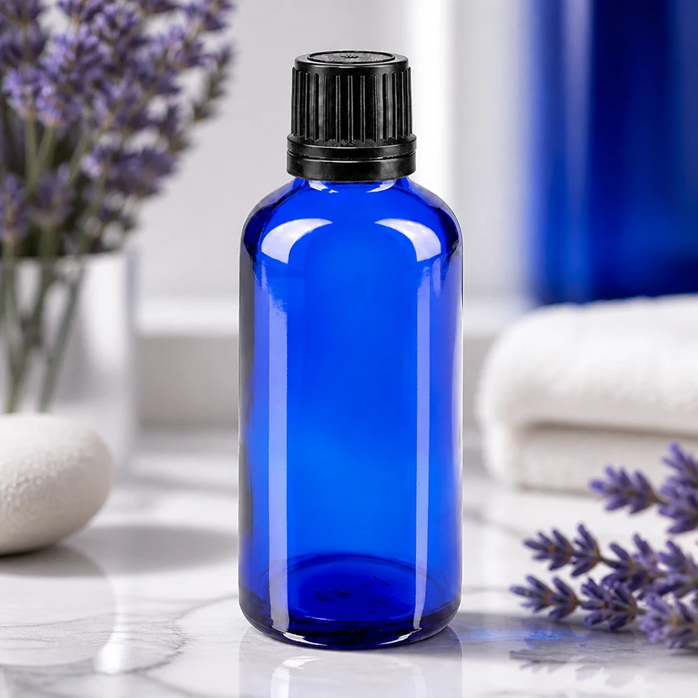 Flacon à pharmacie bleu 50ml bouchon vissable noir bouchon inviolabilité Flacon en verre bleu cobalt de 50 ml avec protection UV et bouchon noir pour huiles essentielles