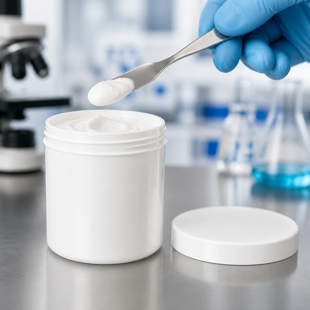 Pot à pommade de 20 g, blanc, ouvert, avec couvercle à vis, posé sur un plan de travail en acier inoxydable dans un laboratoire