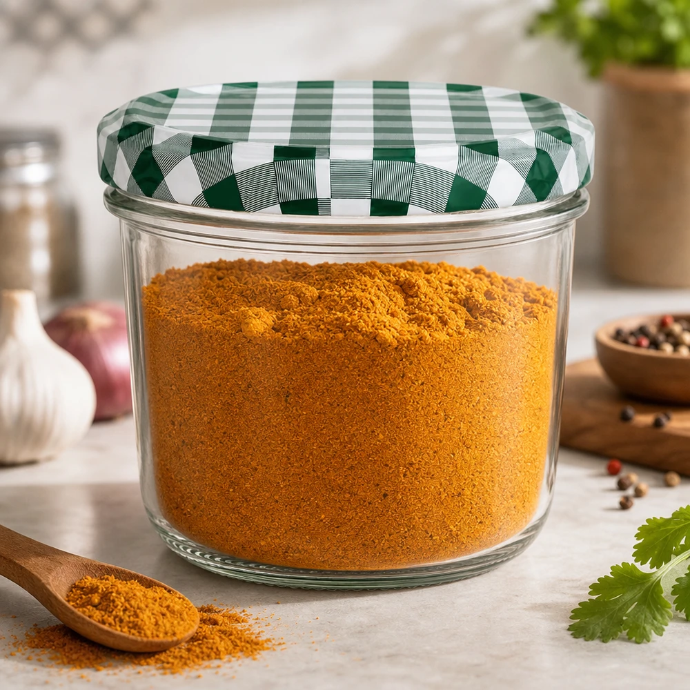 230ml Verre conique avec couvercle BasicSeal vert/blanc UNiTWIST Verre renversé 230ml rempli d'épices Curcuma BasicSeal couvercle vert et blanc à carreaux Conservation cuisine