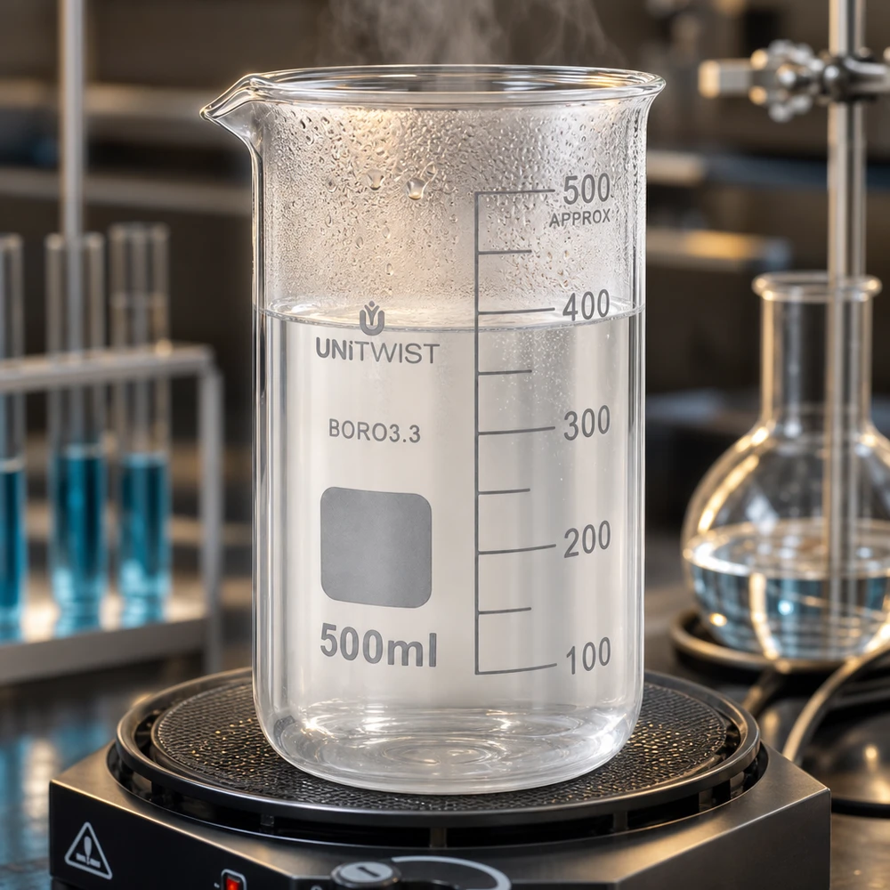 Bécher 500ml borosilicate, forme haute UNITWIST Aménagement de laboratoire avec des béchers UNITWIST de 500 ml (modèle haut), des tubes à essai et des fioles Erlenmeyer