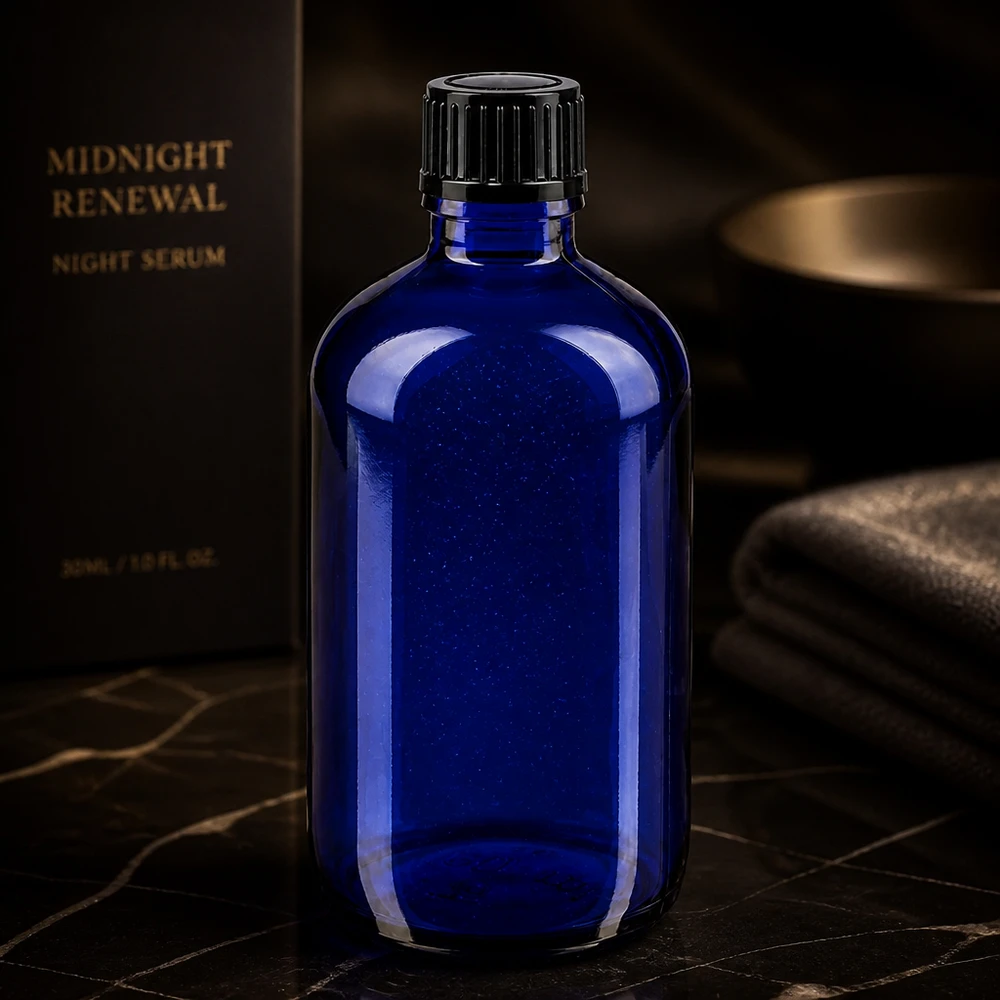 Flacon en verre bleu cobalt de 100 ml muni d'un compte-gouttes de 1 mm, à côté de l'emballage Midnight Renewal