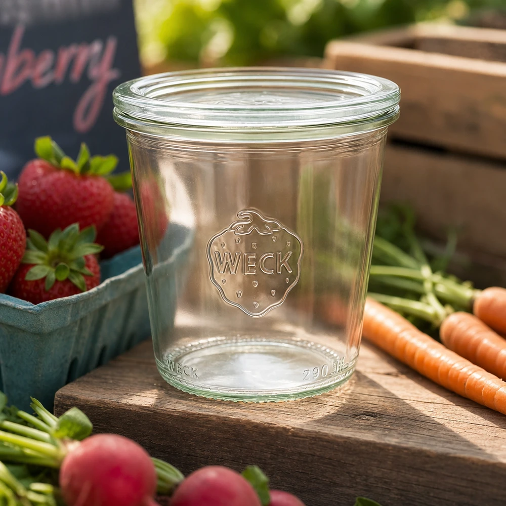290ml bocal conique haut avec bouchon en verre WECK RR80 WECK Bocal 290ml RR80 vide sur planche en bois avec fraises fraîches, carottes et radis pour des préparations alimentaires naturelles.