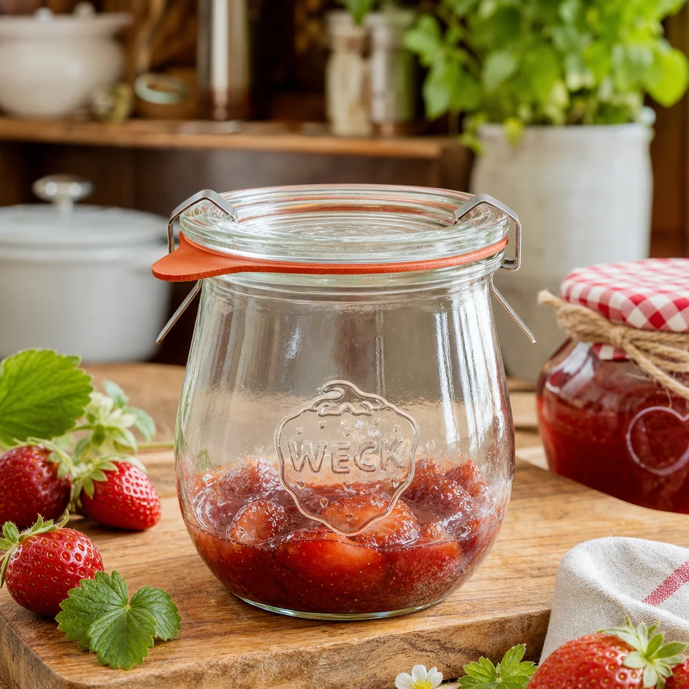 WECK Pot tulipe 220ml rempli de confiture de fraises sur planche en bois dans une cuisine conviviale avec des fraises fraîches