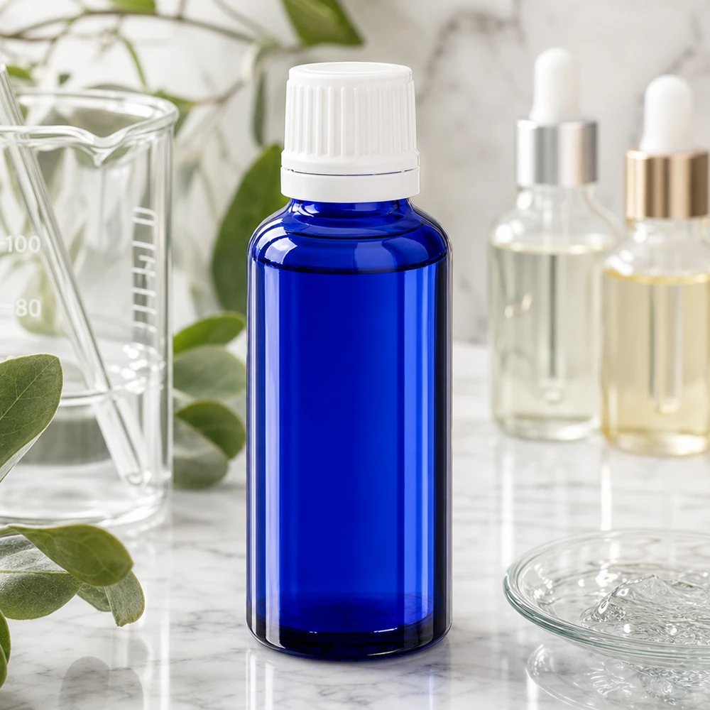 Flacon photoprotecteur bleu cobalt de 30 ml avec embout compte-gouttes de 0,7 mm pour un dosage précis des sérums